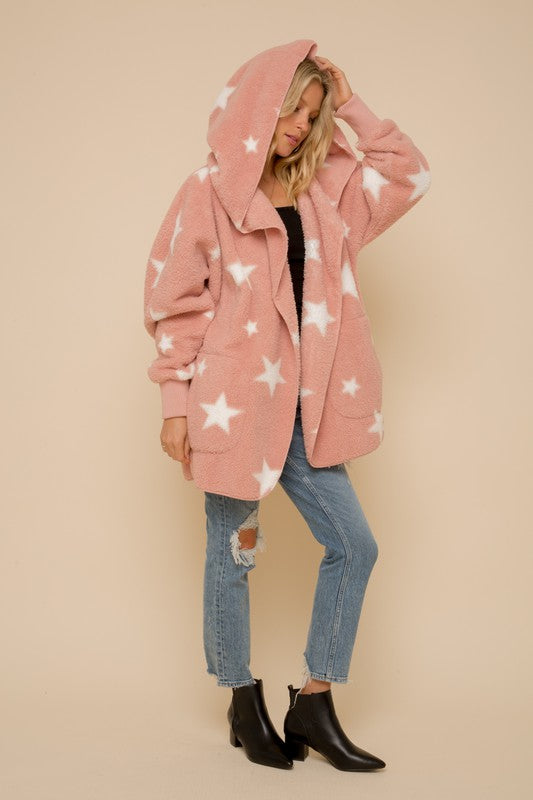 Star Print Mauve Faux Fur Open Front Oversized Jacket