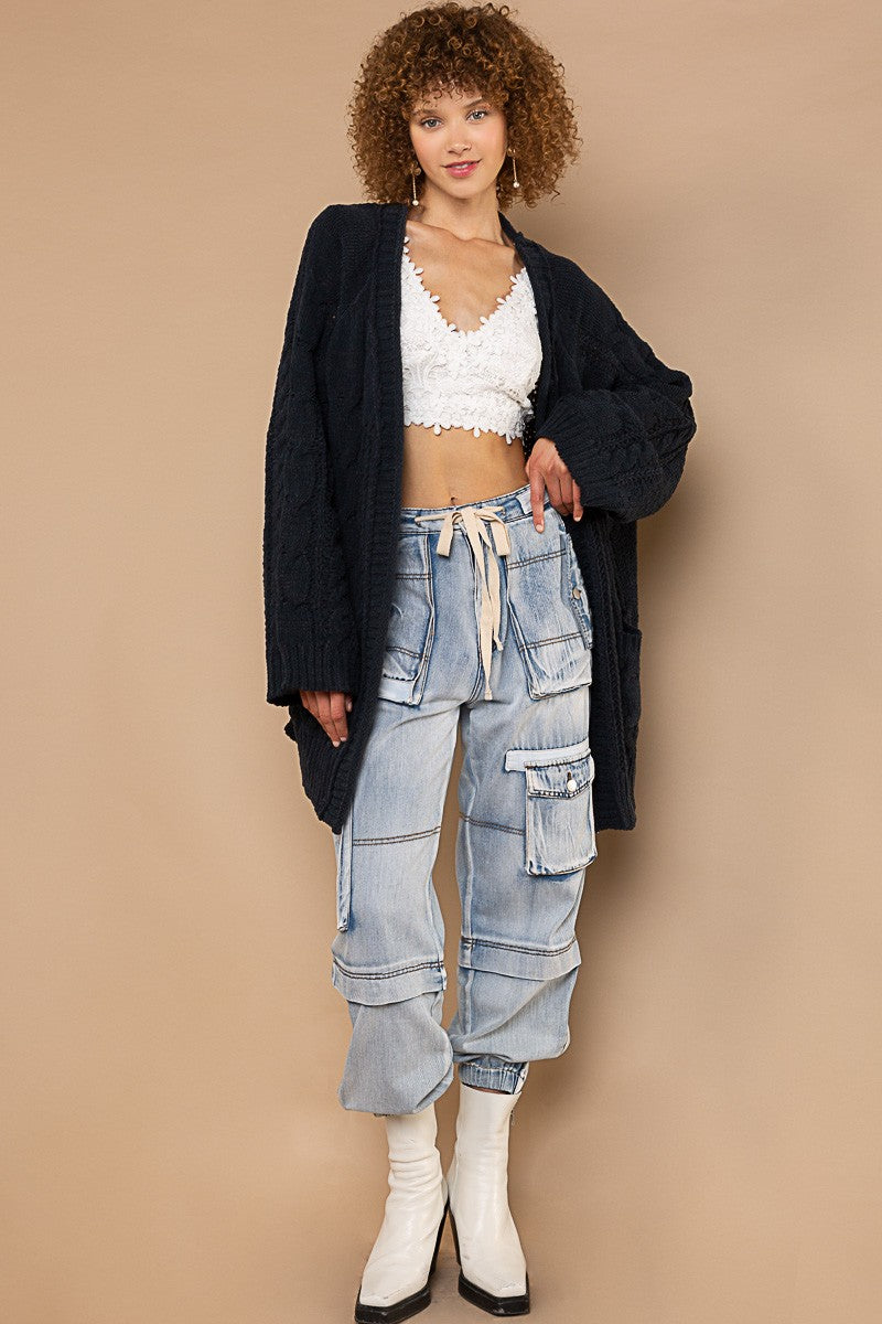 POL Open Front Side Slits Pockets Cardigan Sweater Top