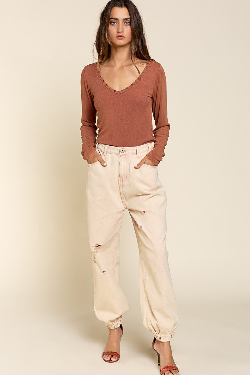 POL Basic Long Sleeve V Neck Stud Rib Fabric Top