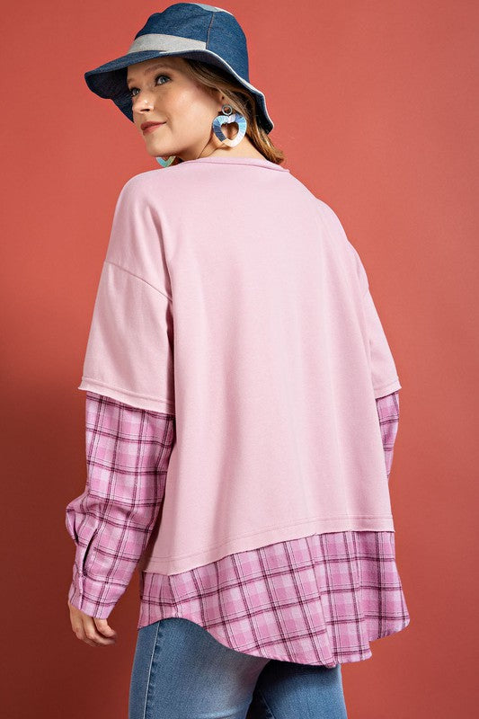 Easel Plaid Mix Brushed Oversized Terry Pullover Top - Roulhac Fashion Boutique