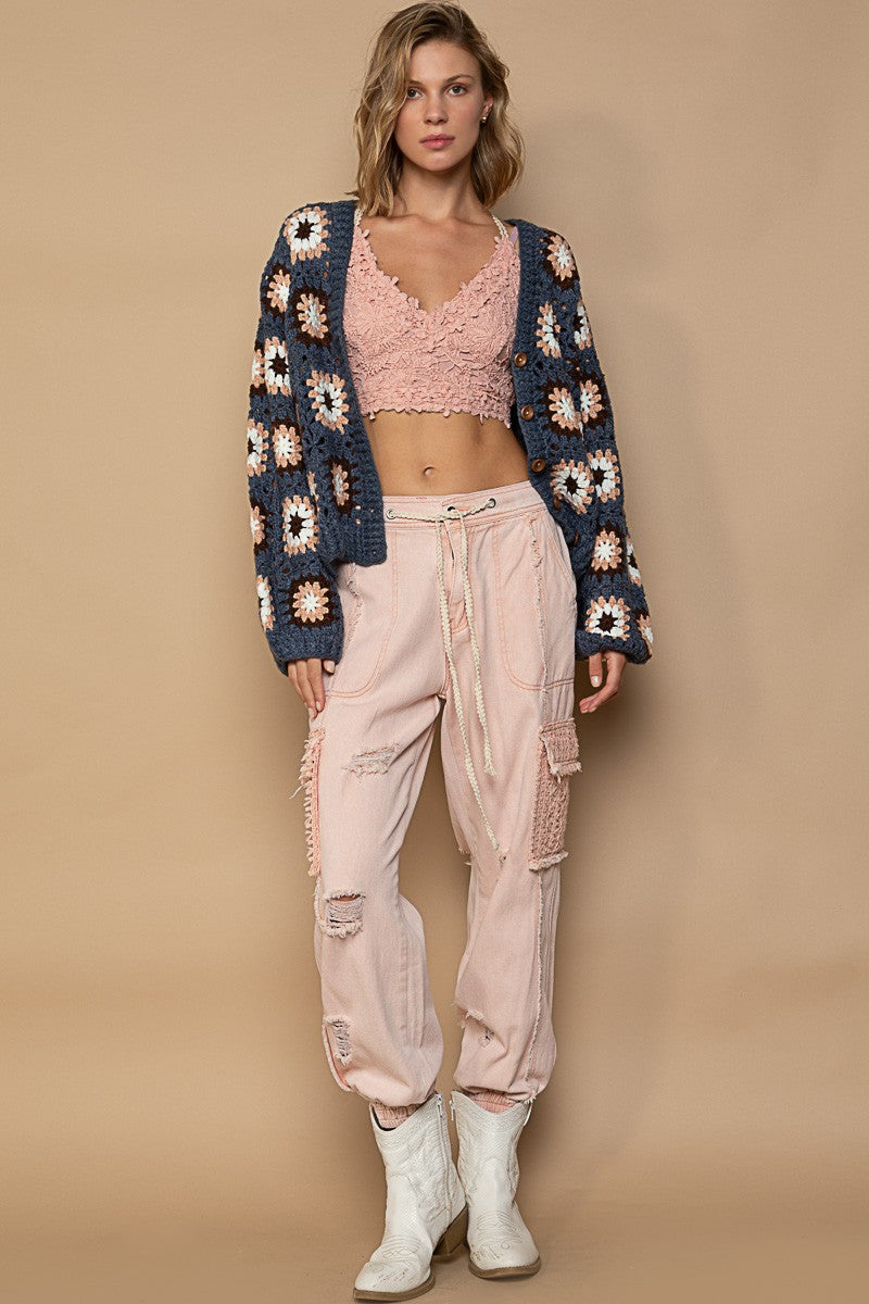 POL Hand Knit Granny Square Patch Cardigan Sweater Top