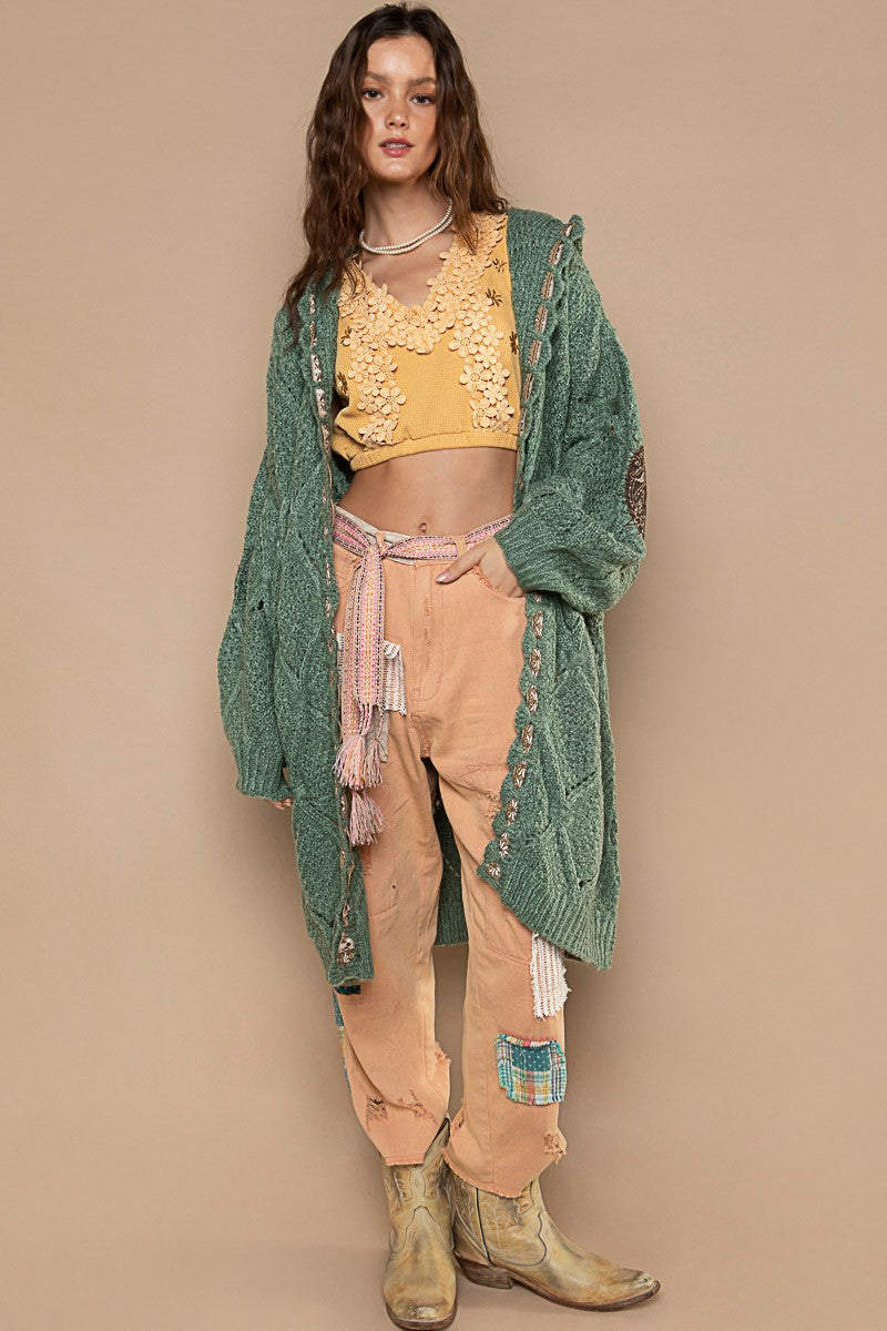 POL Embroidered Tape Open Front Hooded Cardigan Top