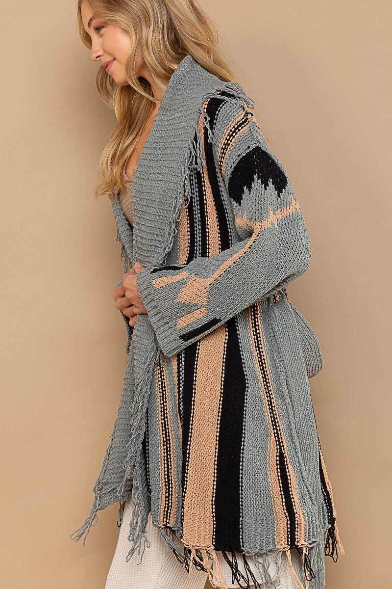 POL Open Front Belt Tie Multi Color Cardigan Sweater Top