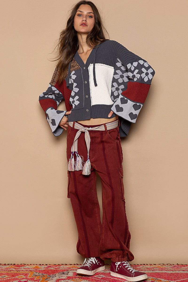 POL Color Block Floral Print Hooded Cardigan Sweater Top