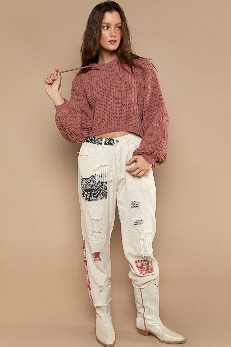 POL Tacked Long Sleeve Hooded Back Open Slit Sweater Top