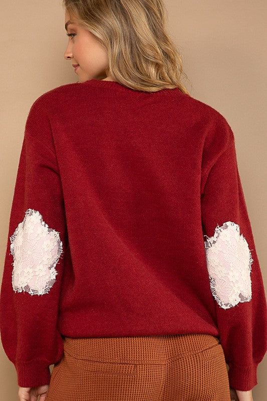 POL Maroon Lace Trim Pearl Stud Flower Shape Sweater - Roulhac Fashion Boutique