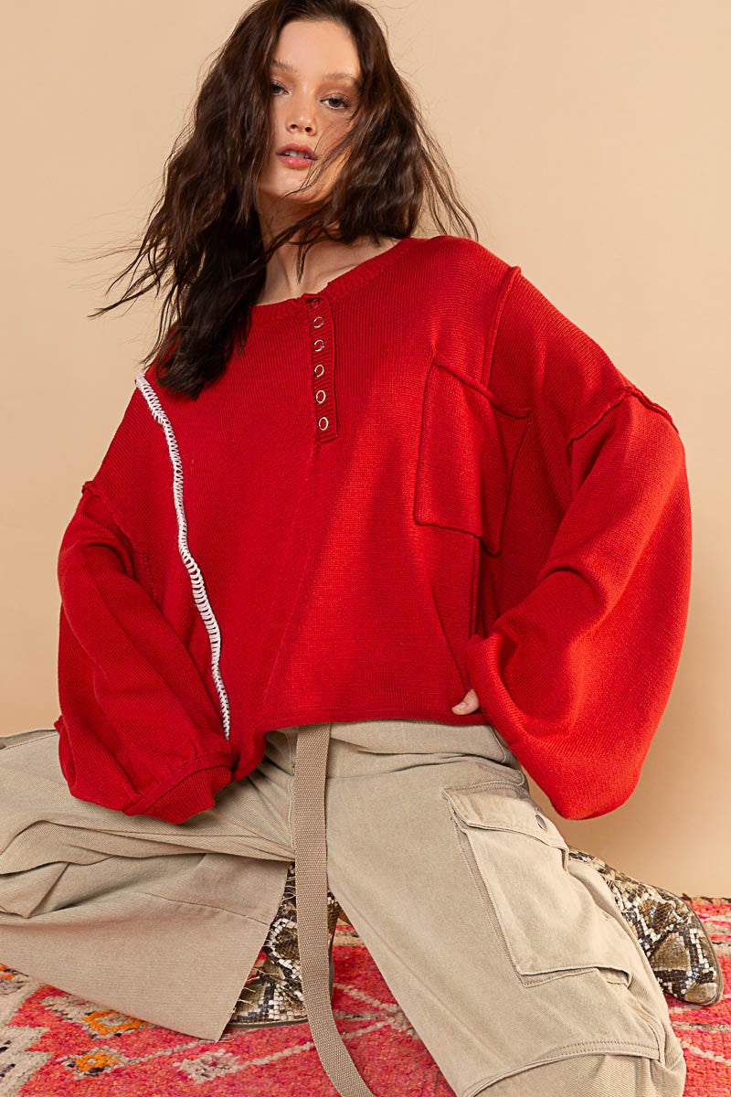 POL Henley Button Chest Pocket Round Neck Sweater Top