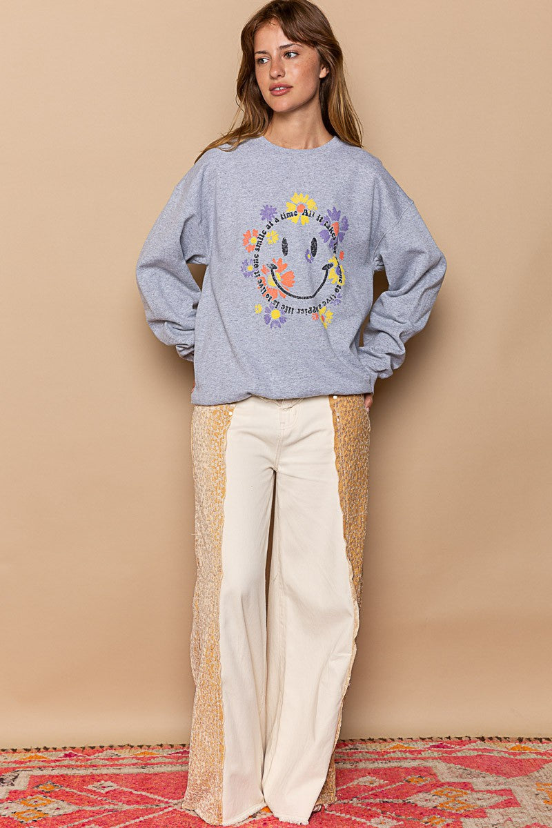POL Smiley Face Floral Print Crew Pullover Sweatshirt Top