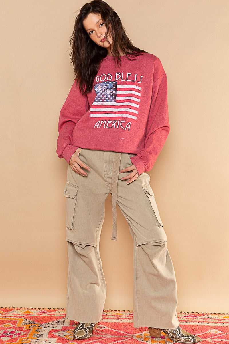 POL Patriotic Print Crew Neck Pullover Sweatshirt Top