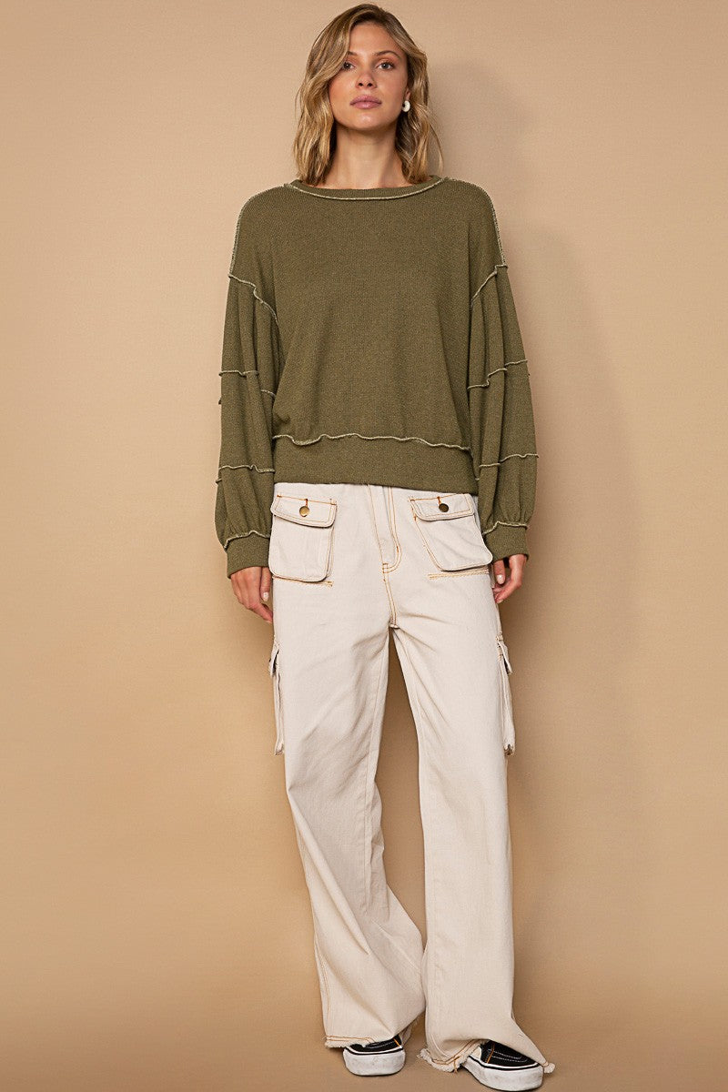 POL Cut Sew Sweater Knit Exposed Seam Sweatshirt Top