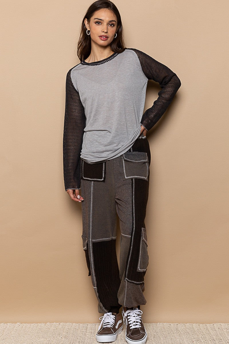 POL Raglan Round Neck Solid Long Sleeve Top