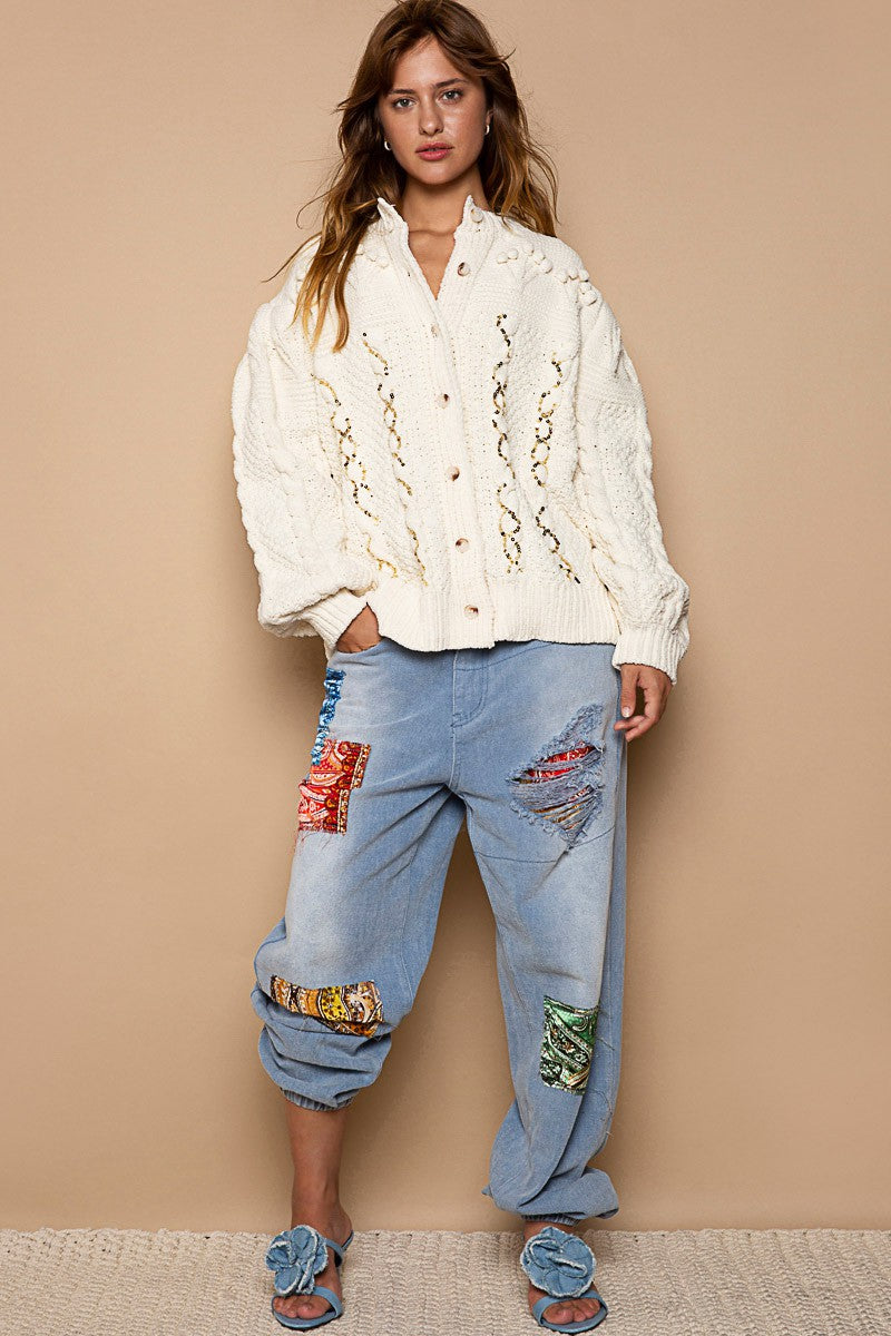 POL Sequin Detailed Balloon Sleeve Solid Cardigan Top