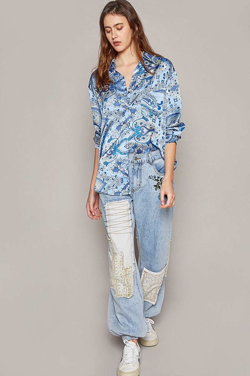 POL Long Sleeve Paisely Print Button Down Shirt Top