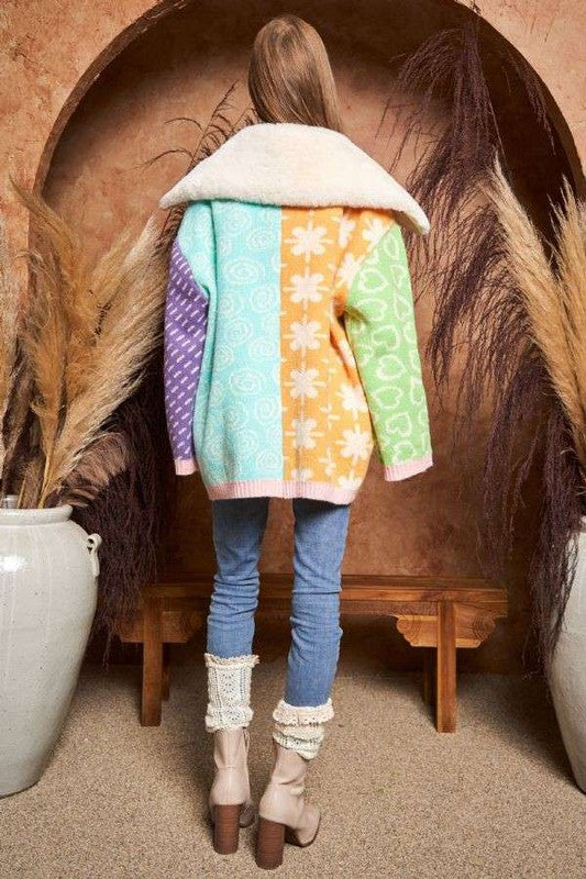 Davi & Dani Faux Fur Collar Mixed Color Block Button Cardigan - Roulhac Fashion Boutique