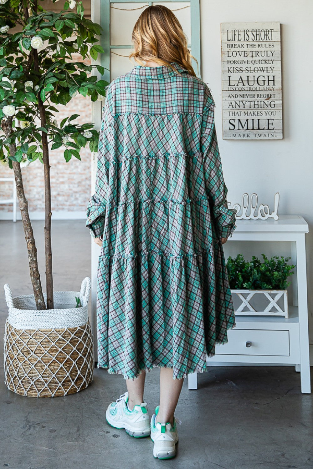 Oli & Hali Mineral Washed Back Tiered Check Plaid Tunic Dress