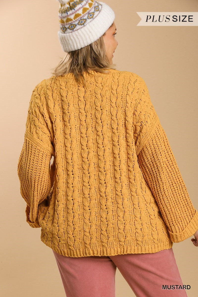 Umgee Plus Cuffed Long Sleeve Chenille Cable Knit Pullover Sweater Top