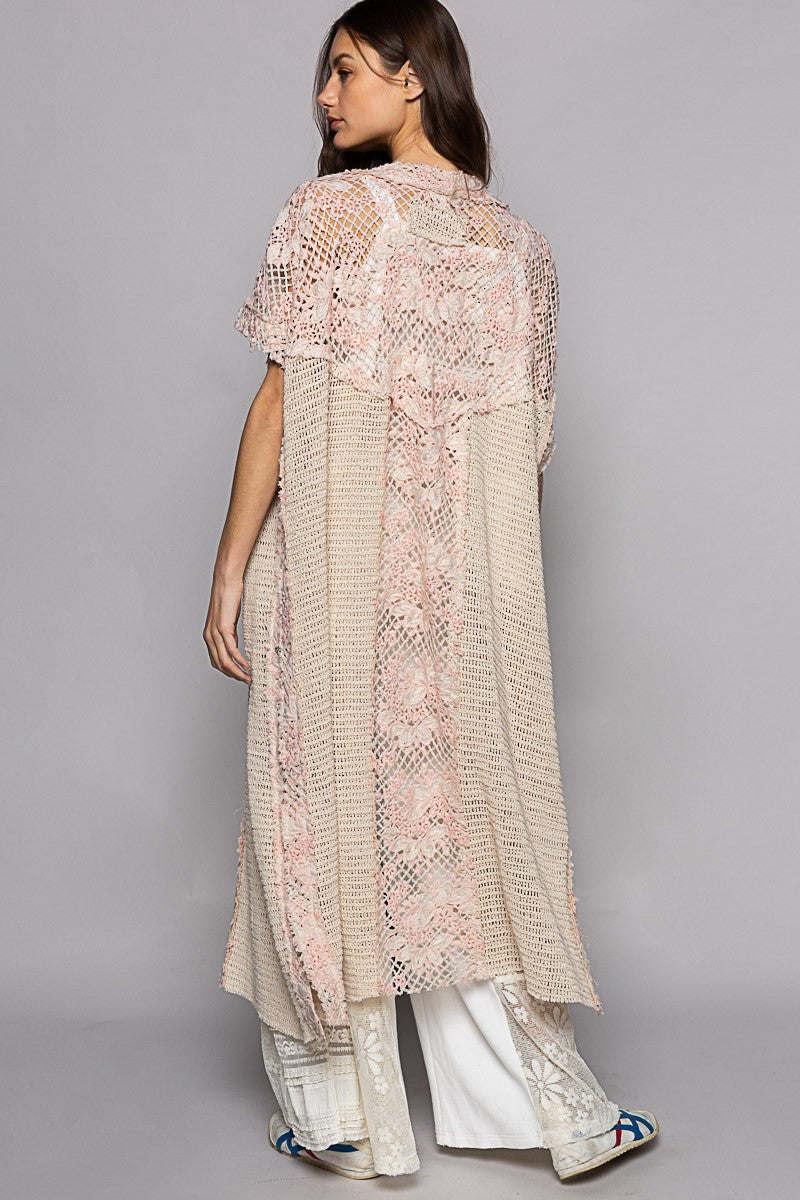 POL Sleeveless Crochet Floral Pattern Long Open Kimono Top