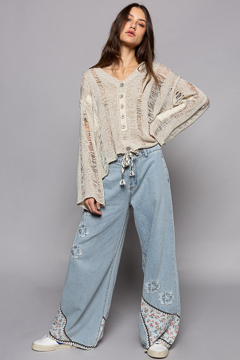 POL Long Sleeve Distressed Lace Trim V Neck Cardigan Top