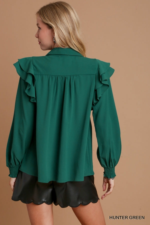 Umgee Hunter Green Ruffled V-Neck Baby Doll Top - Roulhac Fashion Boutique