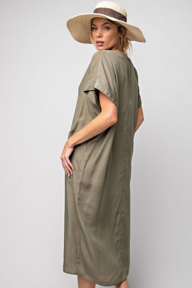 Easel Plus Soft Satin Boxy V Neck Loose Fit Dress