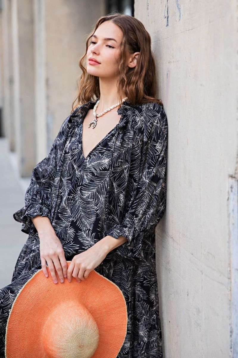 Easel Plus Leaf Print Cotton Poplin Ruffle Maxi Dress