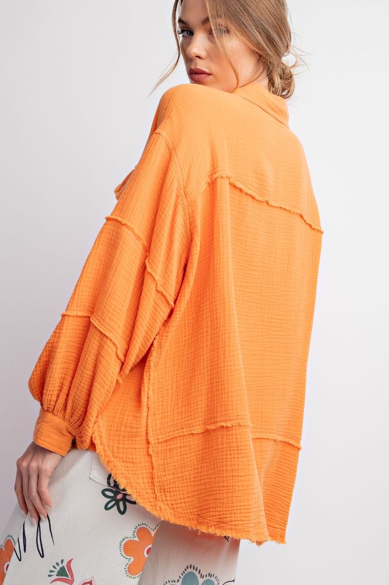 Easel Plus Cotton Gauze Loose Fit Raw Hemline Shirt Tops