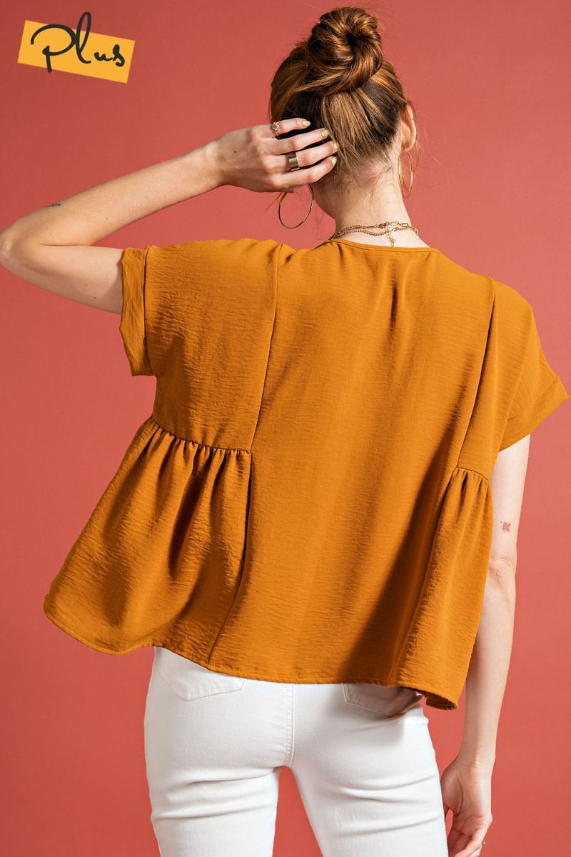 Easel Plus Pleated Short Sleeves Crinkled Loose Fit Tops