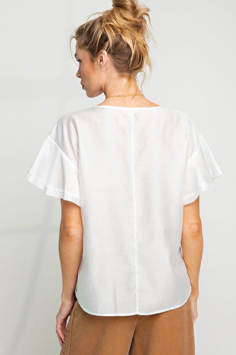Easel Plus Silky Ruffle Short Sleeve Loose Fit Blouse Tops