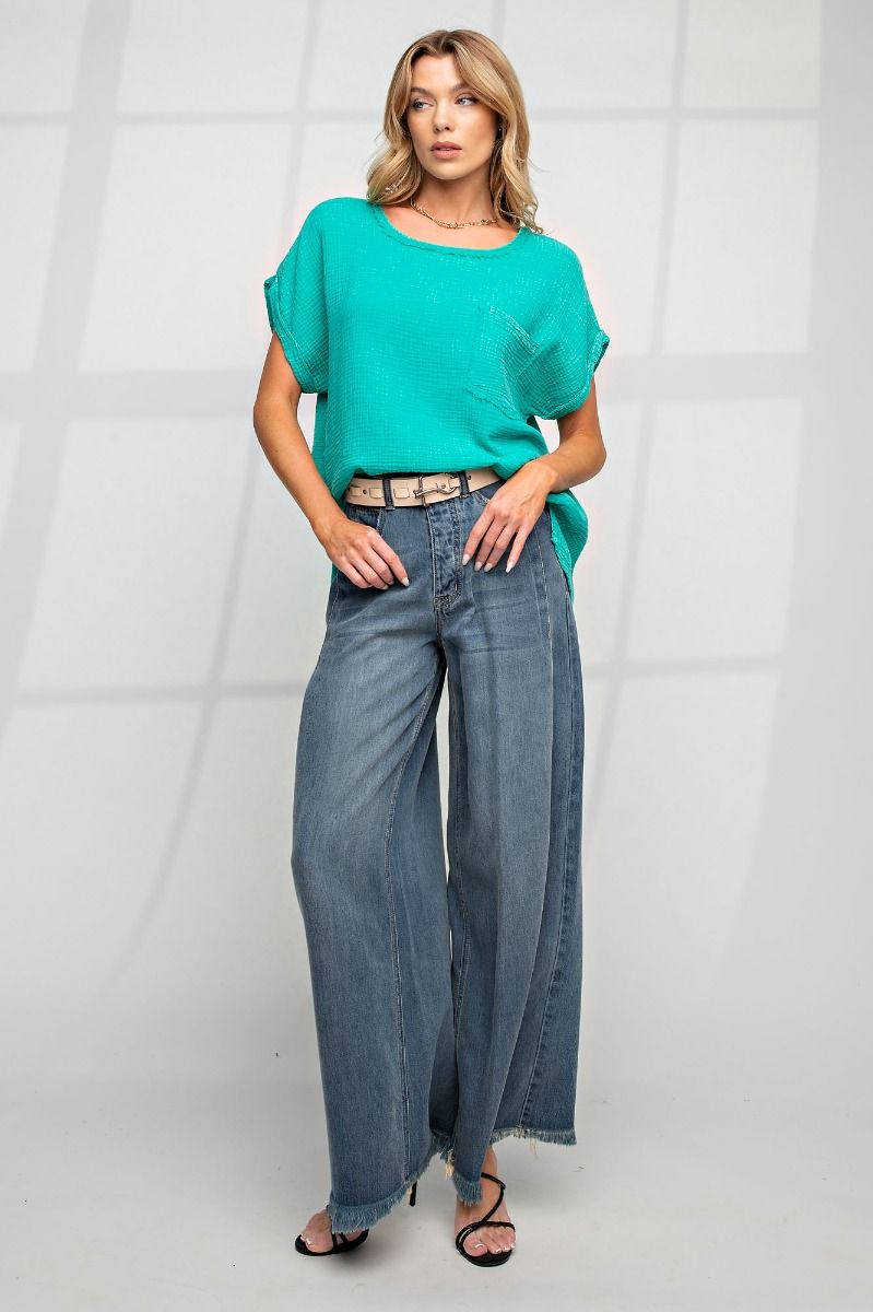 Easel Plus Washed Rolled Up Sleeves Cotton Gauze Tops