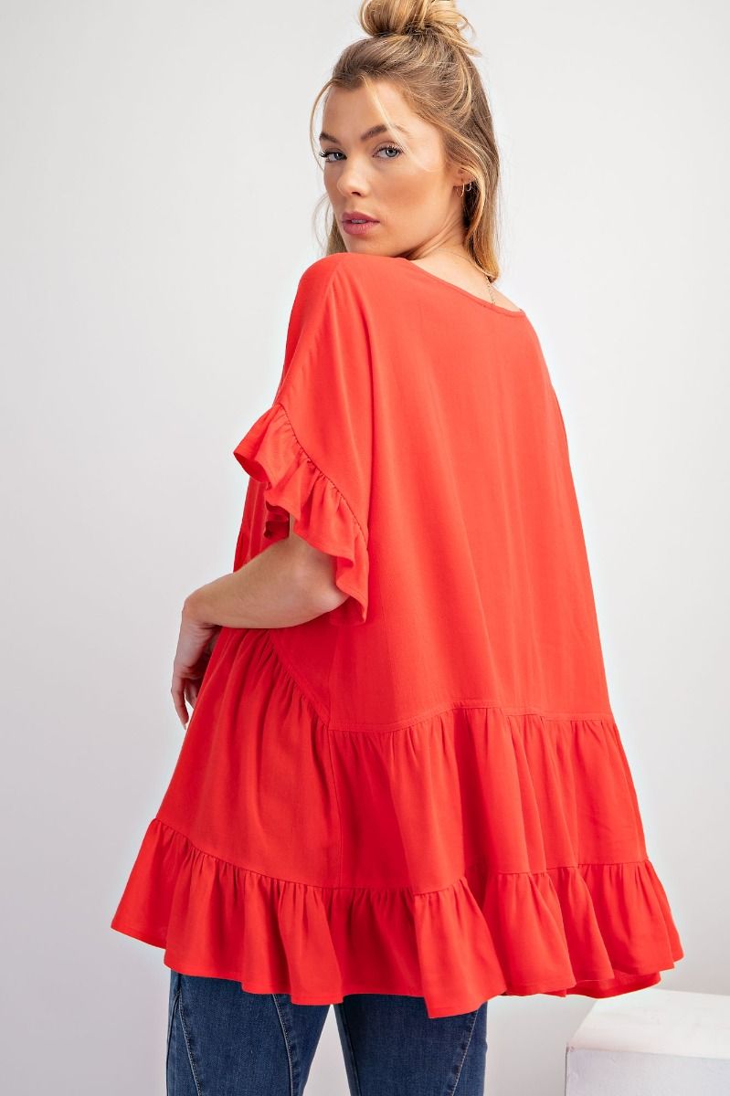 Easel Plus Poly Linen Ruffle Bottom Loose Fit Tunic Tops