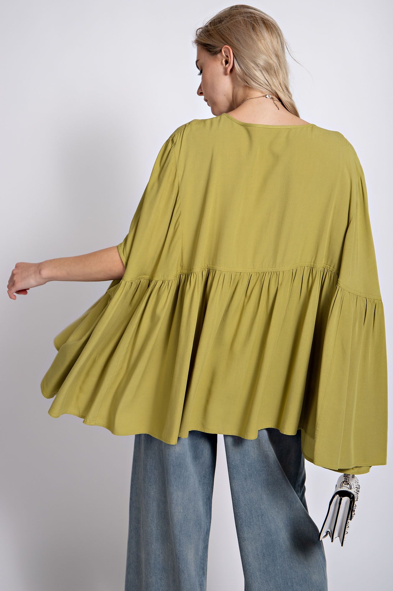 Easel Plus Batwing Challis Oversized Ruffled Bottom Tunic Tops