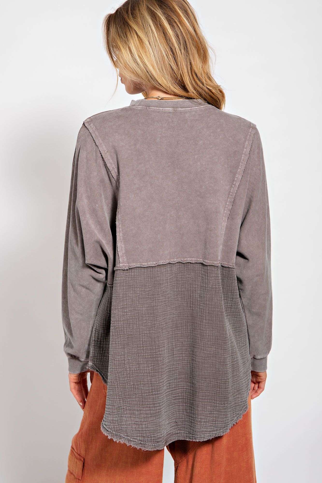 Easel Plus Washed Terry Crew Neck Pullover Boxy Tunic Tops