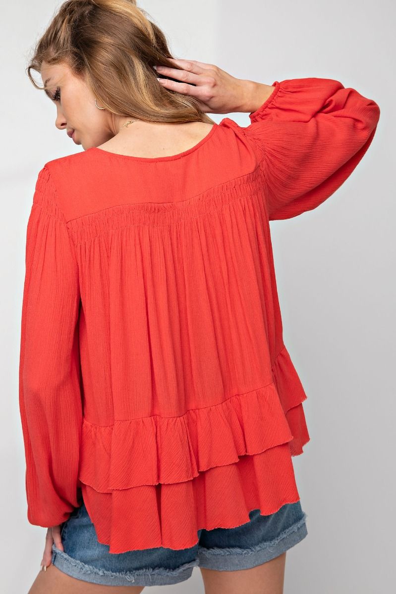 Easel Plus Elastic Cuffs Tiered Ruffle Gauze Tunic Tops