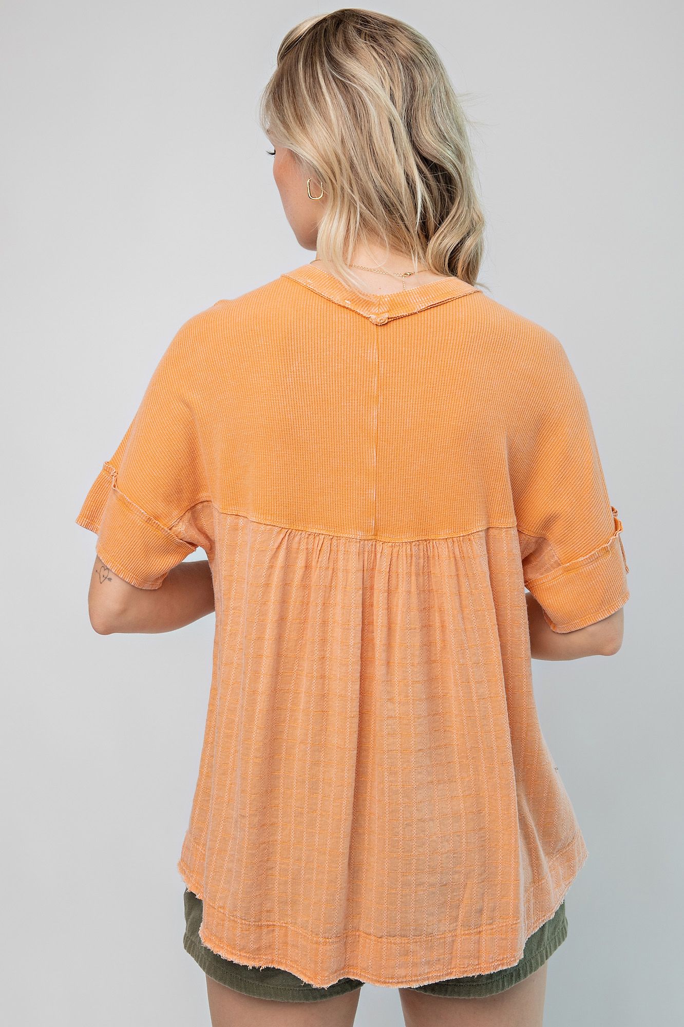 Easel Plus Thermal And Voile Mix Half Button Down Textured Tops