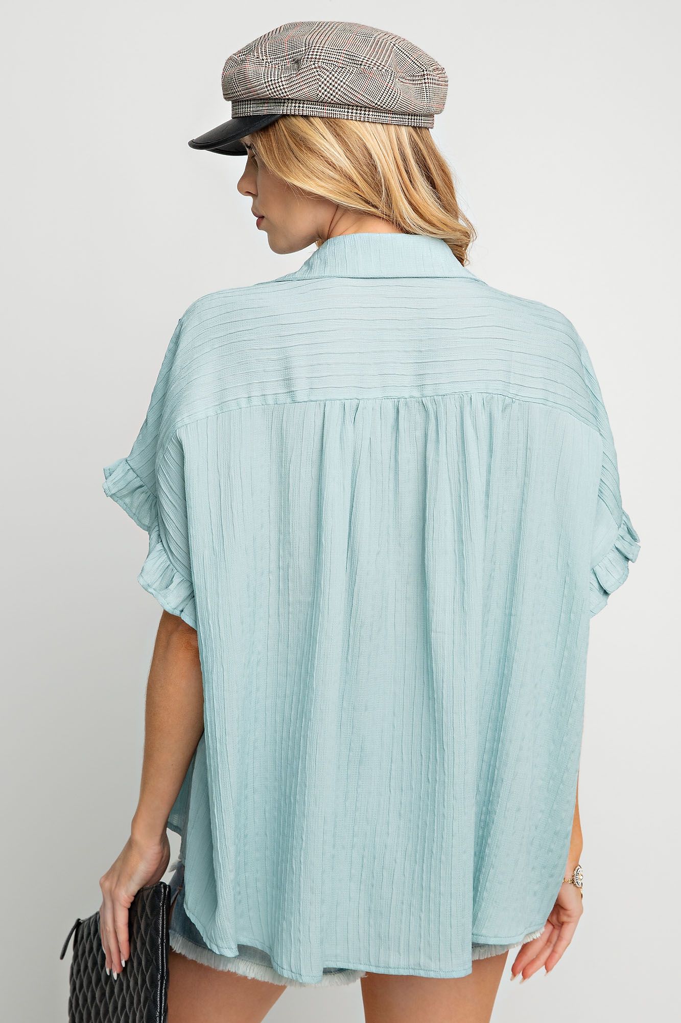 Easel Plus Textured Woven Short Sleeve Boxy Ruffle Tops