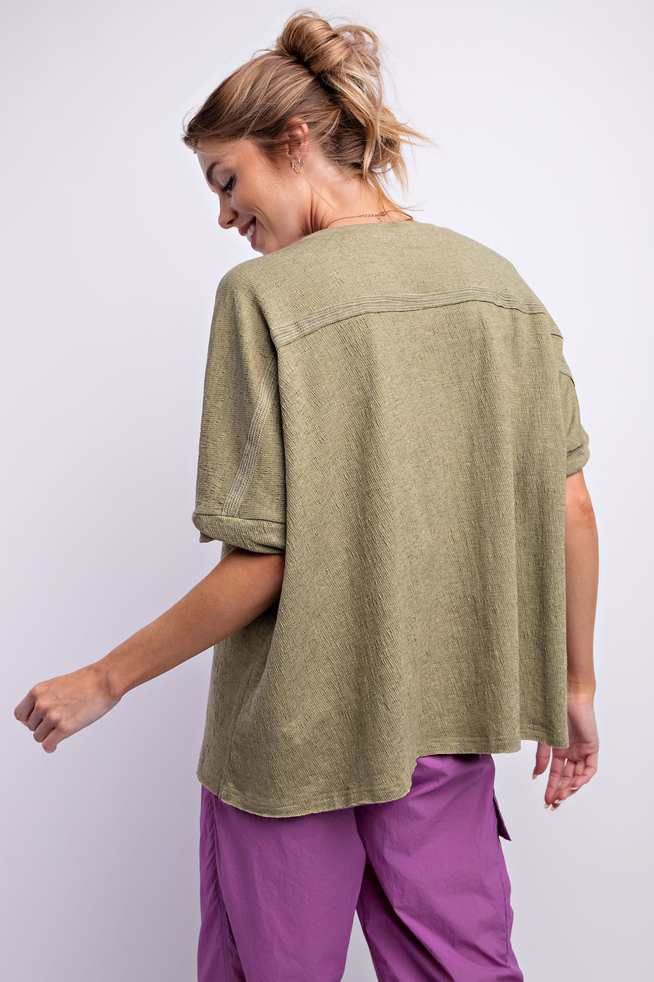 Easel Plus Twisted Cuffs Half Sleeves Cotton Boxy Tops