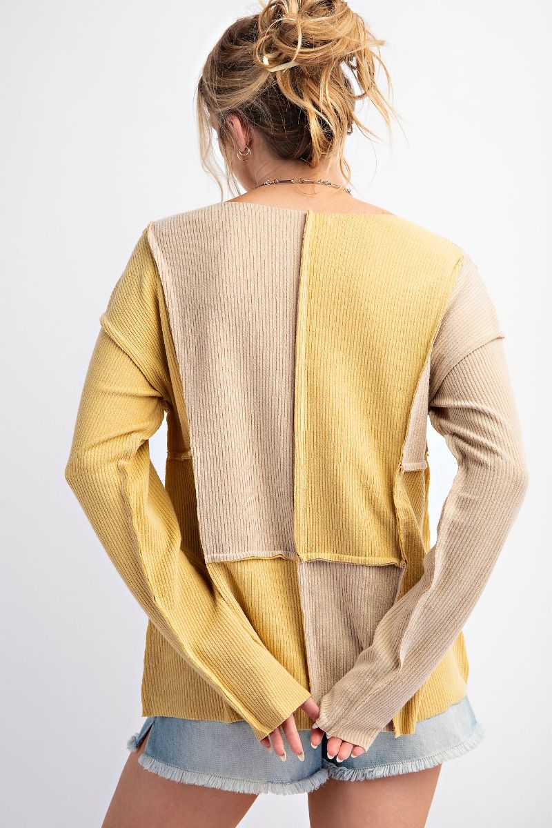 Easel Plus Color Block Rib Outseam Notched Neck Knit Tops