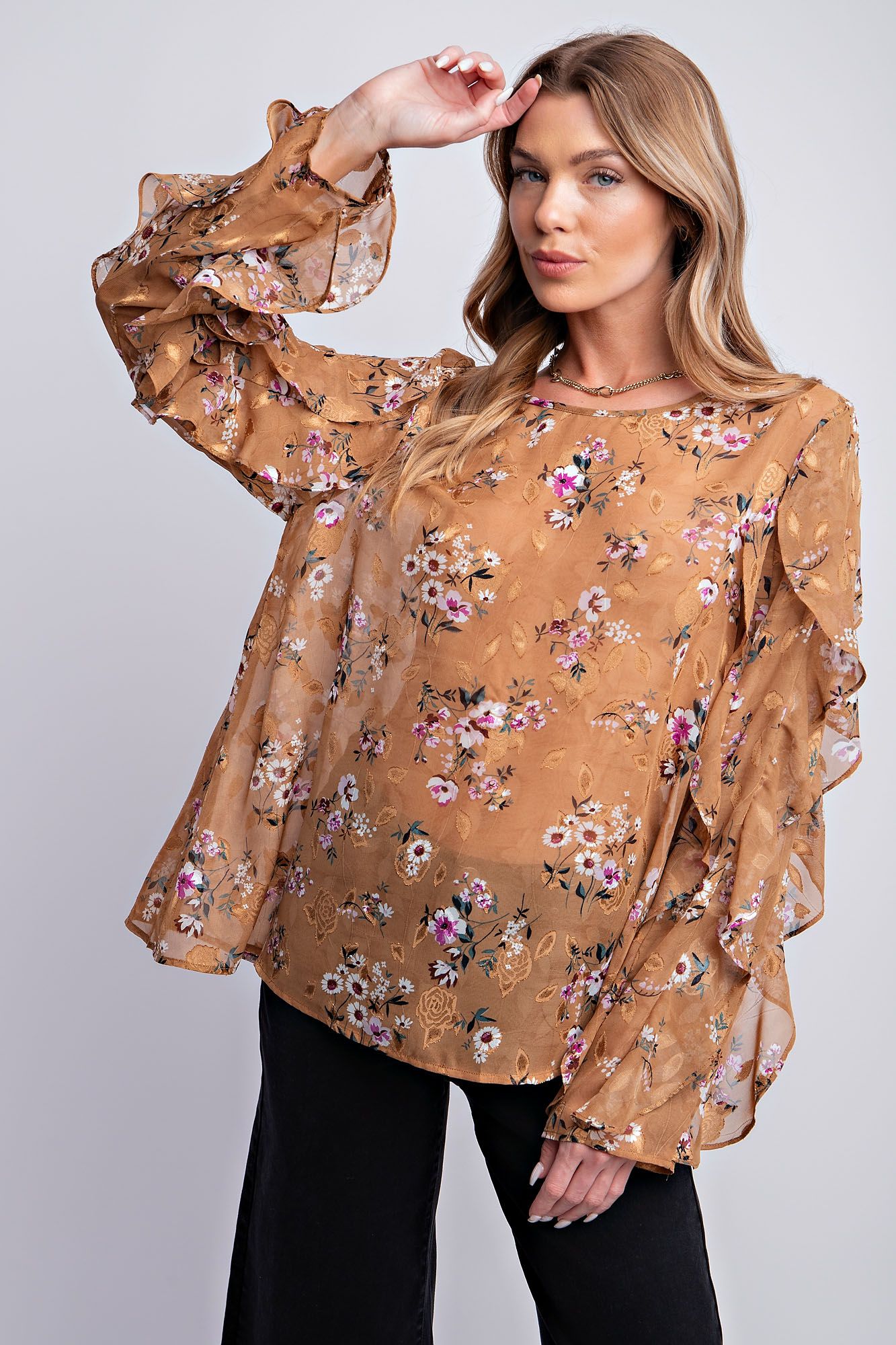 Easel Plus Burnout Floral Printed Chiffon Blouse Tops