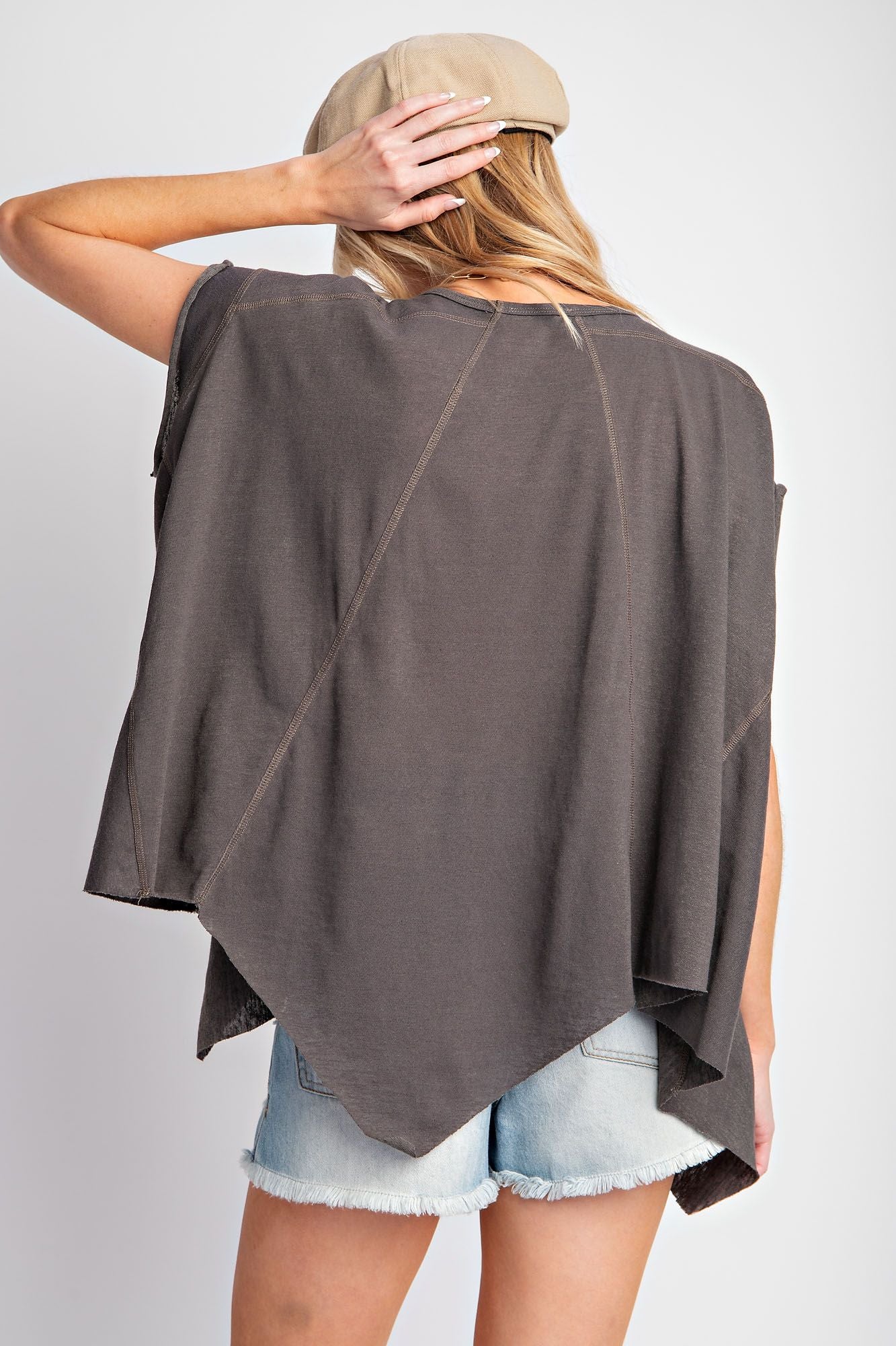 Easel Plus Drop Shoulder Cotton Slub Knit Round Neck Tops