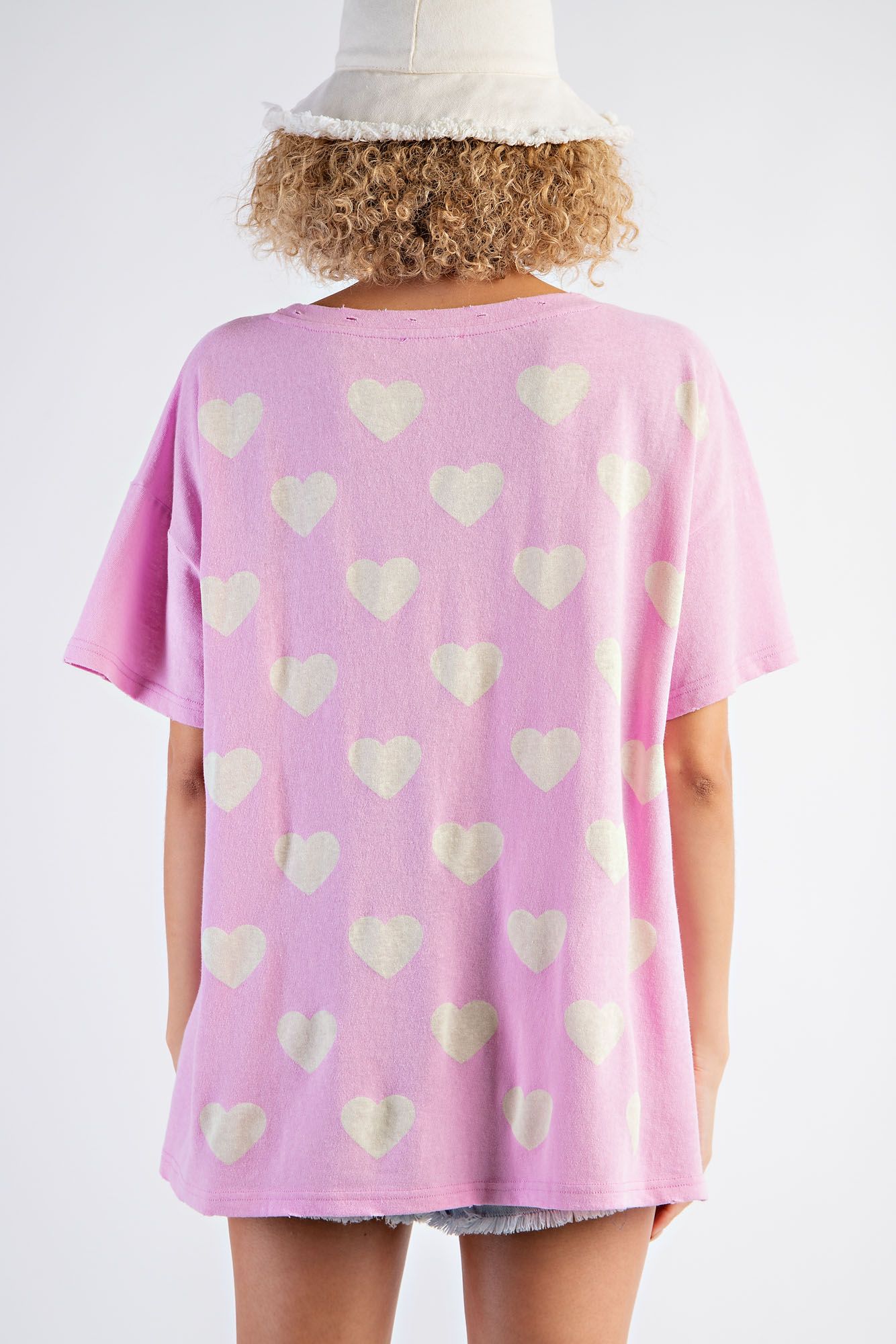 Easel Plus Heart Print Cotton Knit Relaxed Fit Tops