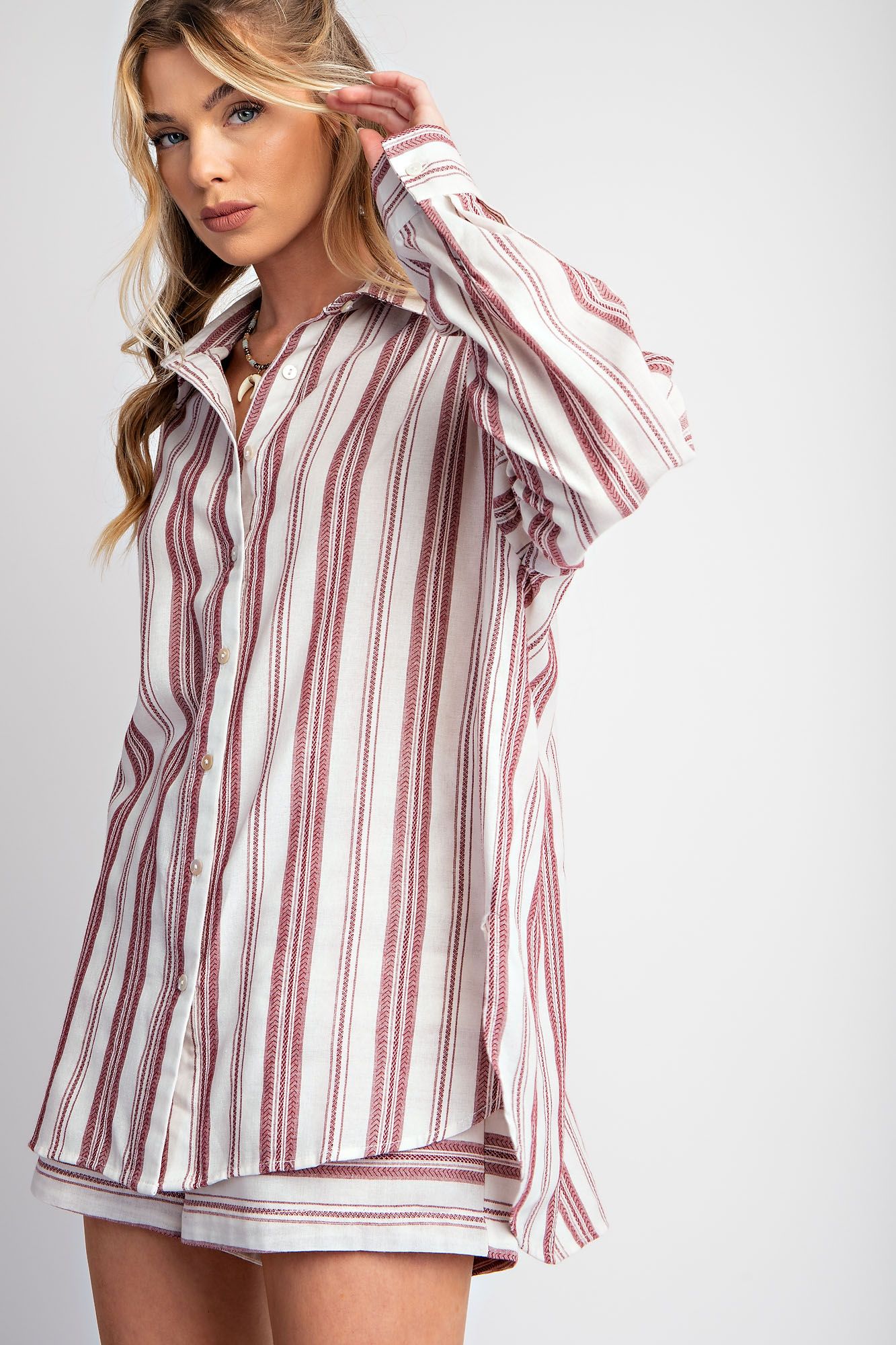 Easel Plus Yarn Dye Stripe Button Down Shirt Tops