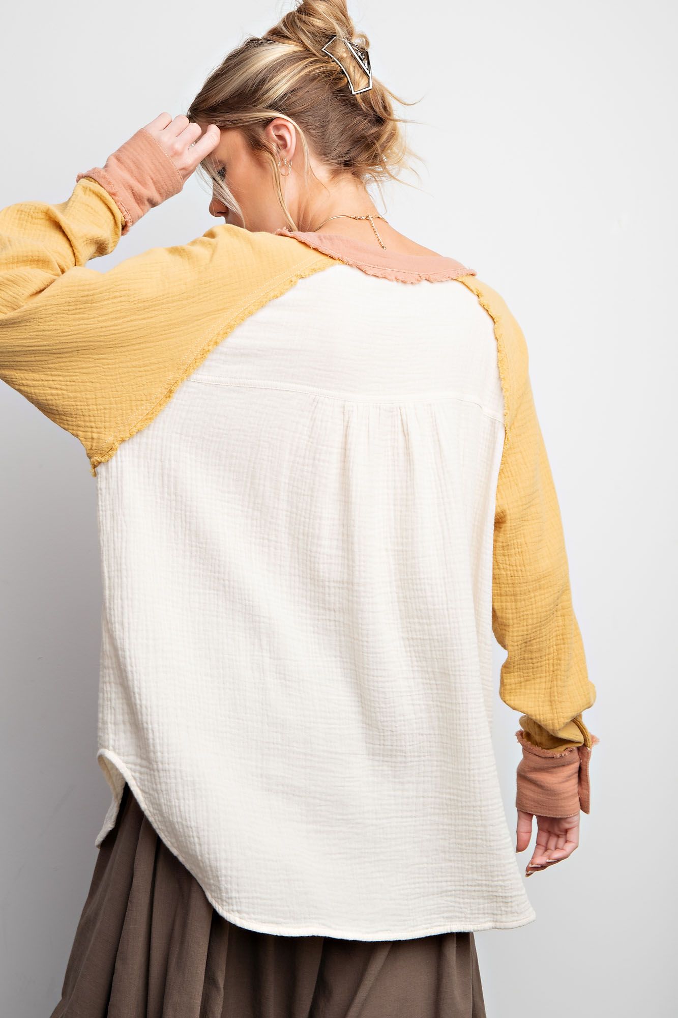 Easel Plus Color Block Cotton Gauze Button Down Shirt Tops