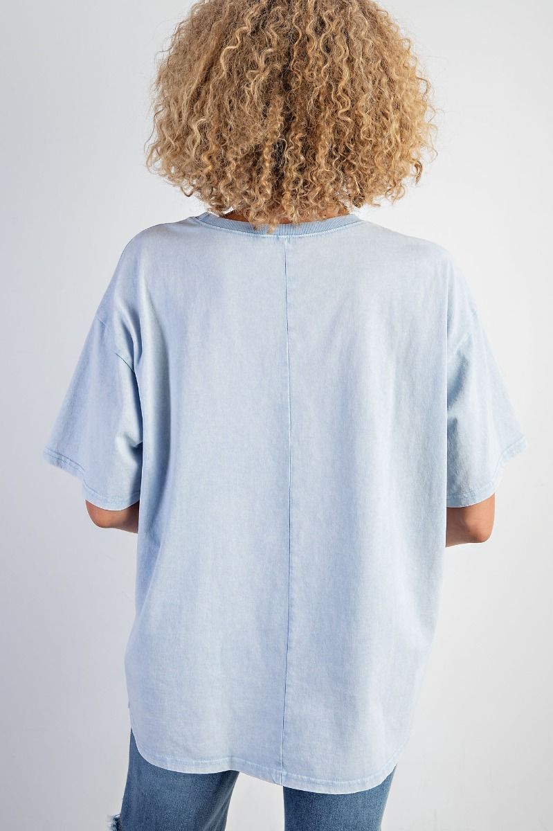 Easel Plus Smiley Face Printed Washed Crew Neck Tops