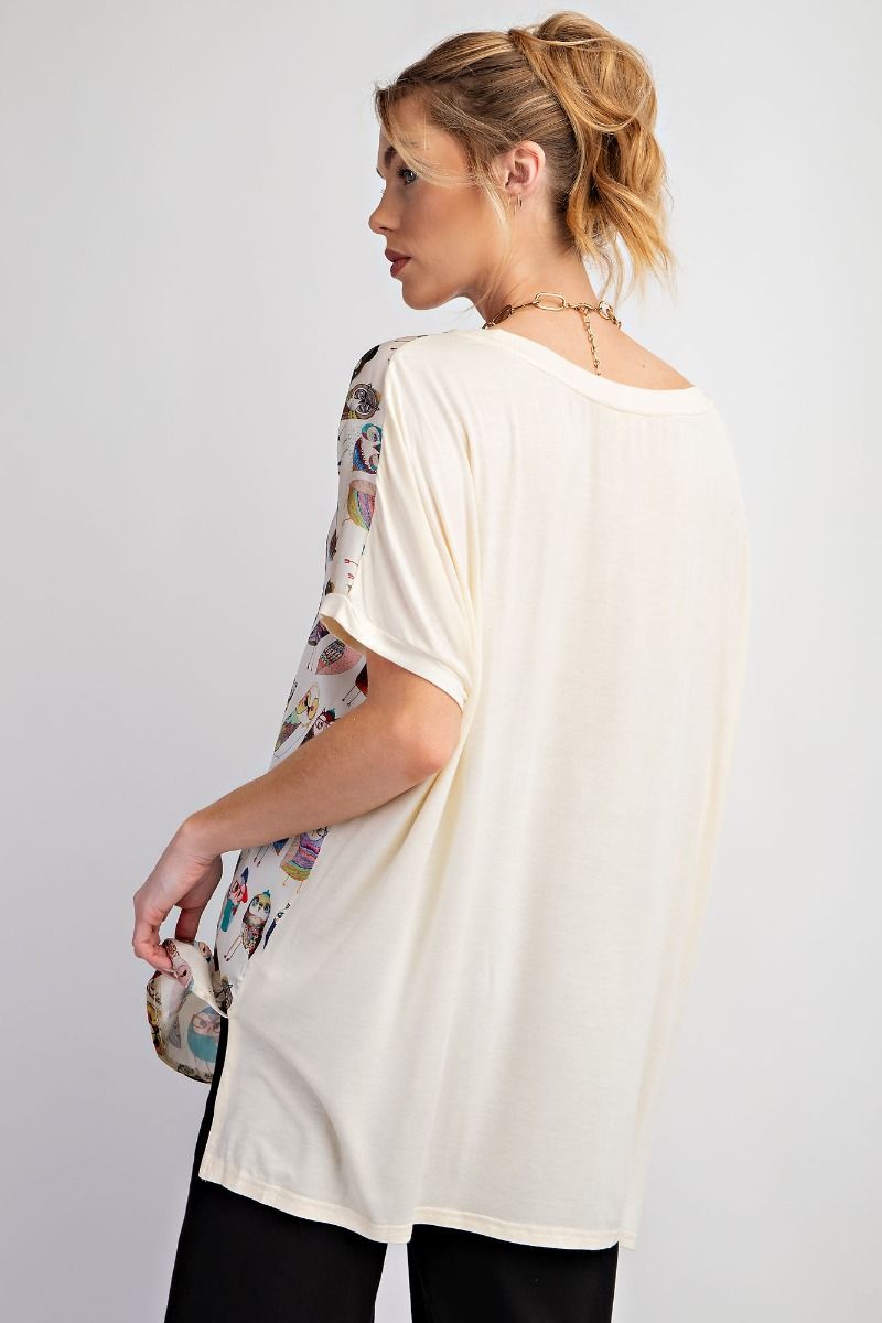 Easel Plus Owl Printed Side Slits Loose Fit Tops
