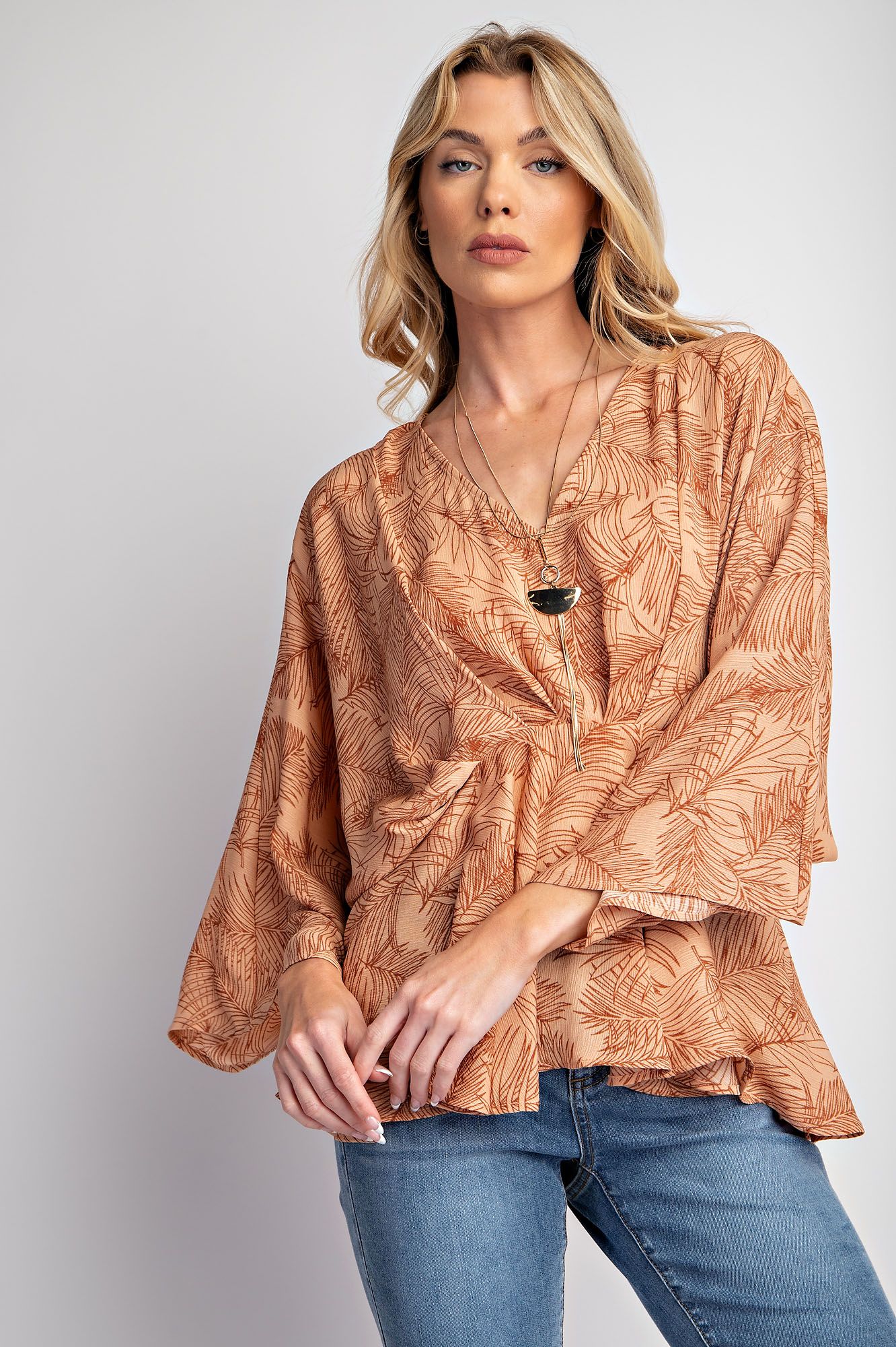 Easel Plus Tropical Print Peach Blossom Peplum Tops