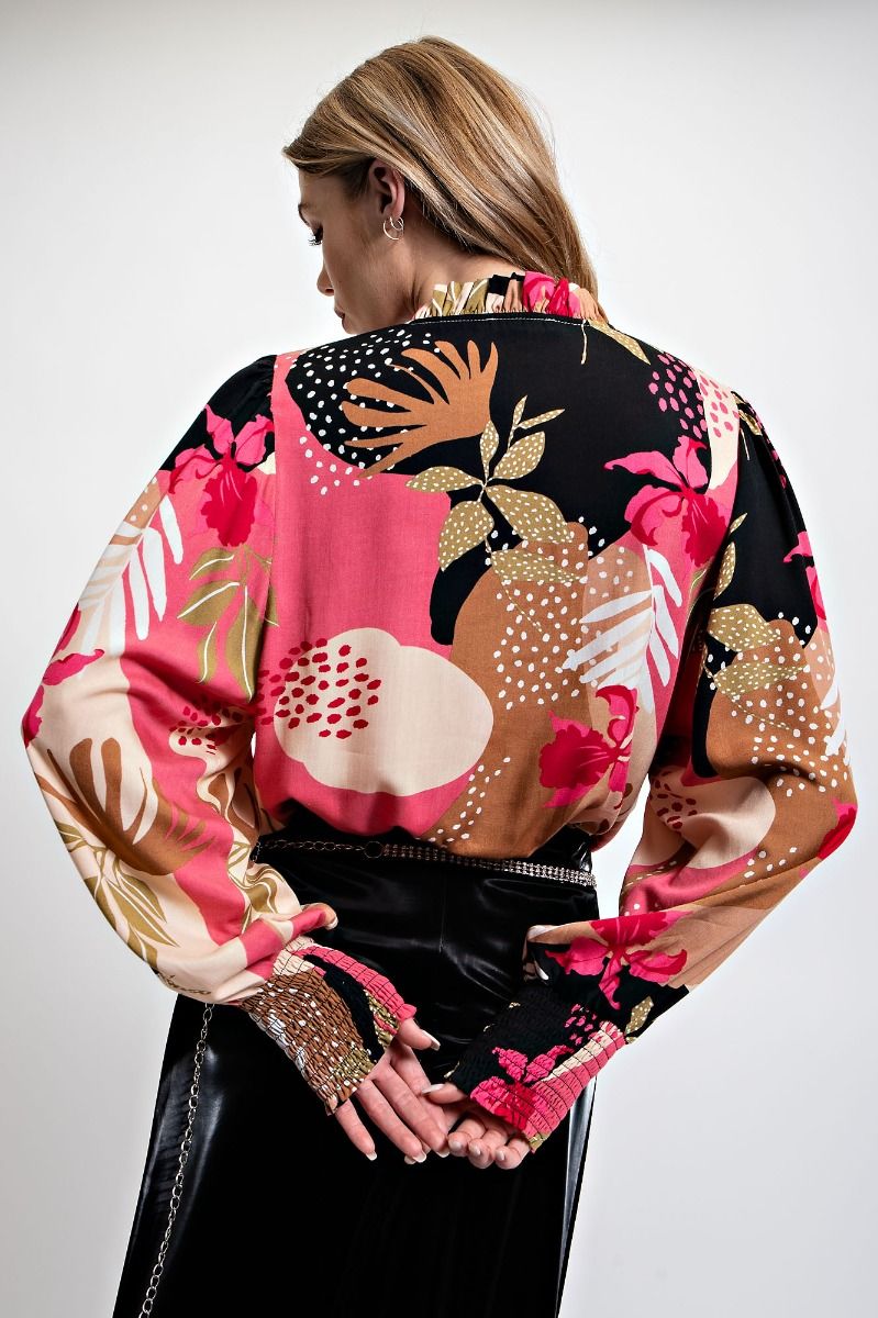 Easel Plus Floral Printed Challis Smocked Long Cuffs Blouse Tops