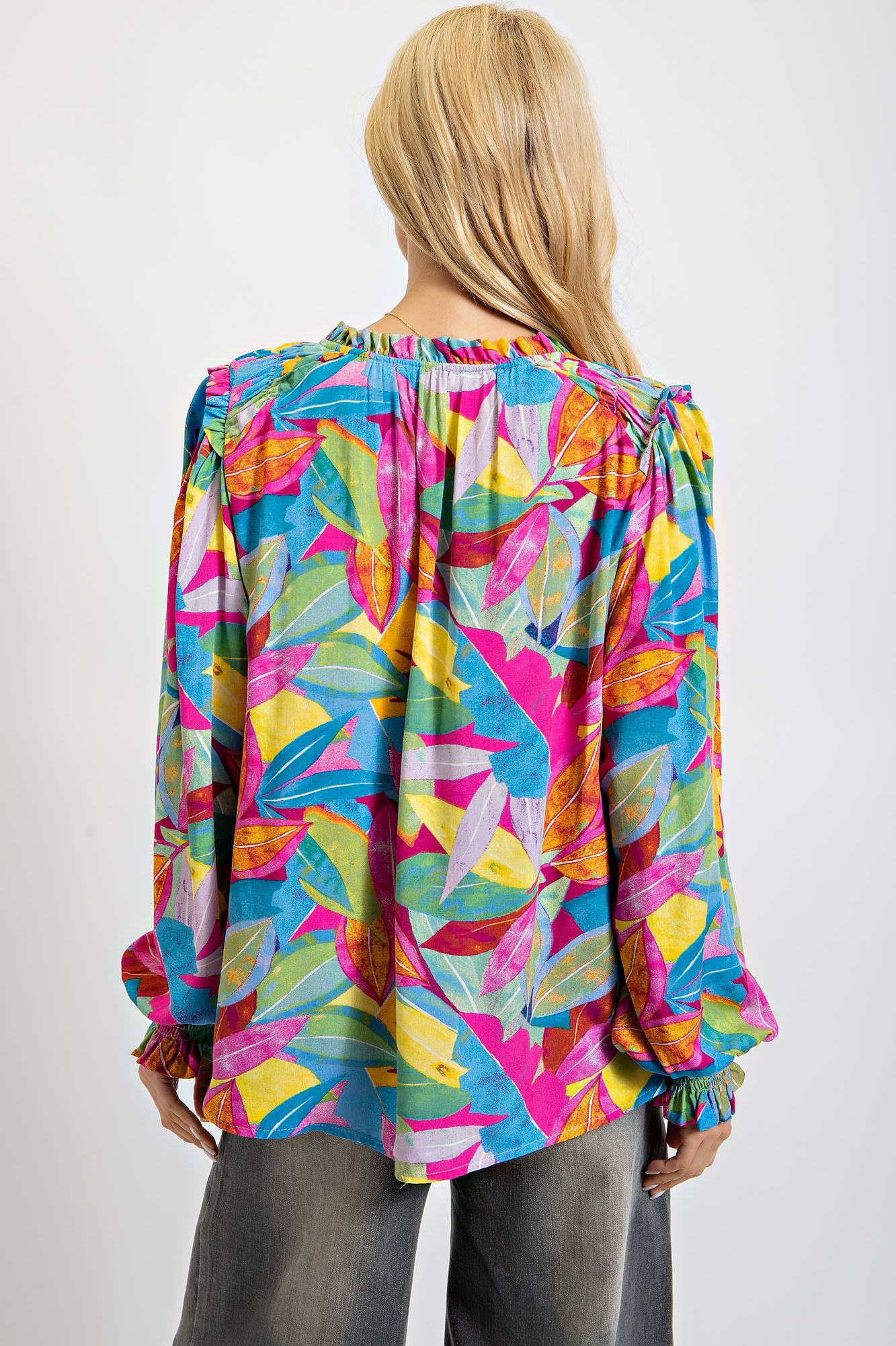 Easel Plus Tropical Printed Smocked Cuffs Challis Tops
