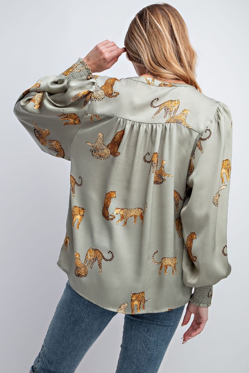 Easel Plus Cheetah Print Satin Smocked Cuffs Blouse Tops