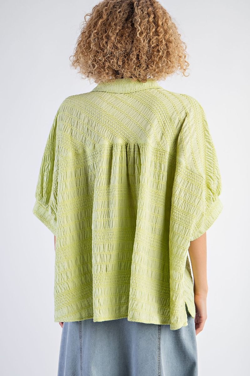 Easel Plus Textured Woven Button Down Oversized Shirt Tops