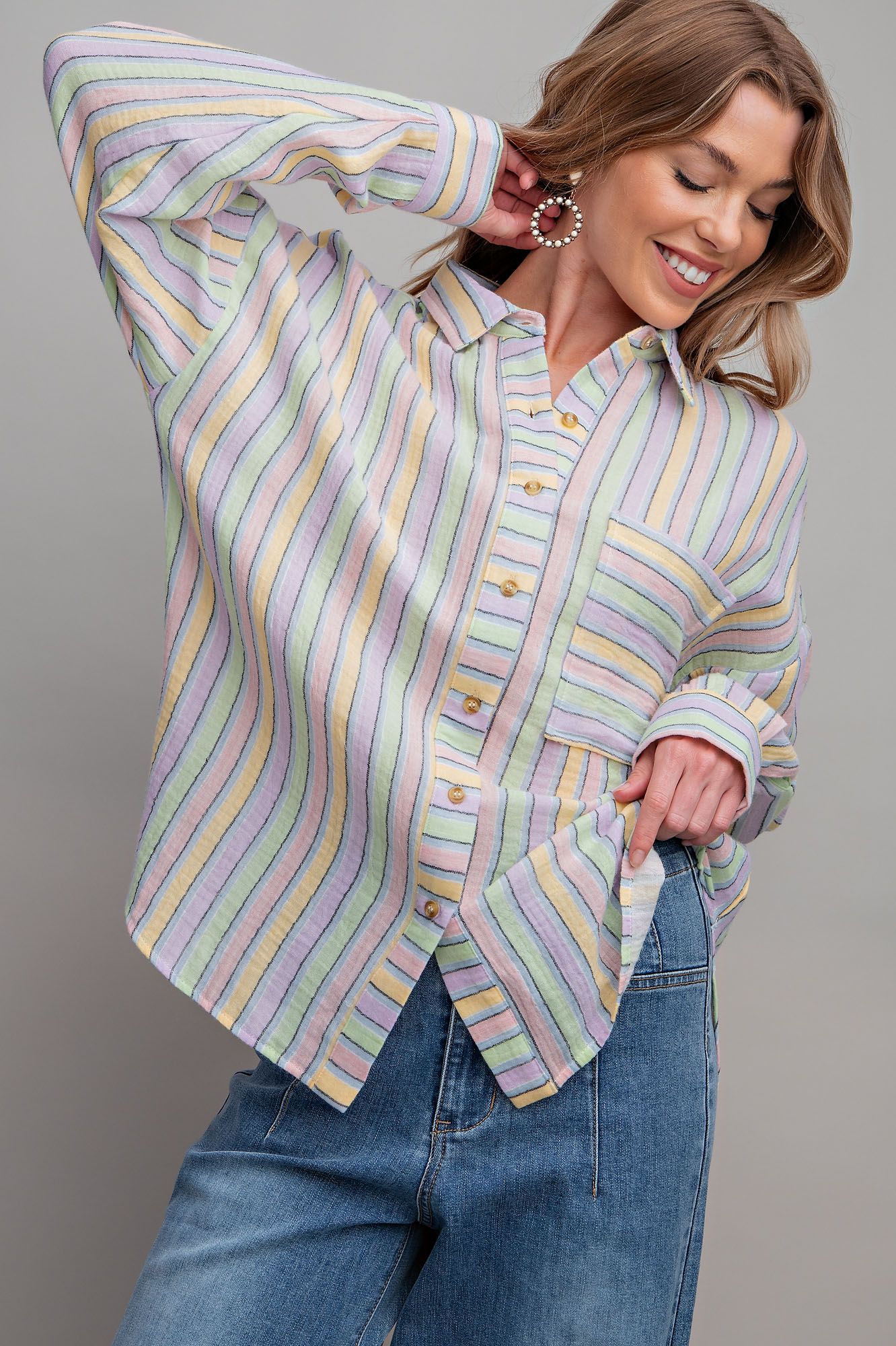 Easel Plus Striped Cotton Gauze Button Down Shirt Tops